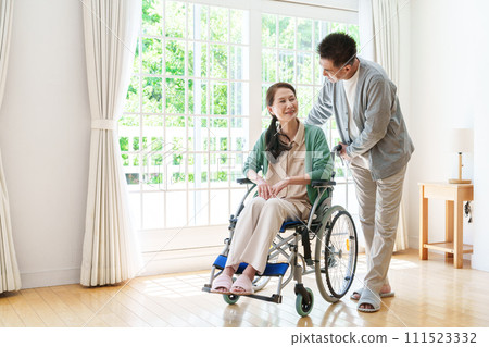 Middle-aged and elderly couple in wheelchairs Middle-aged and elderly couple in wheelchairs 111523332