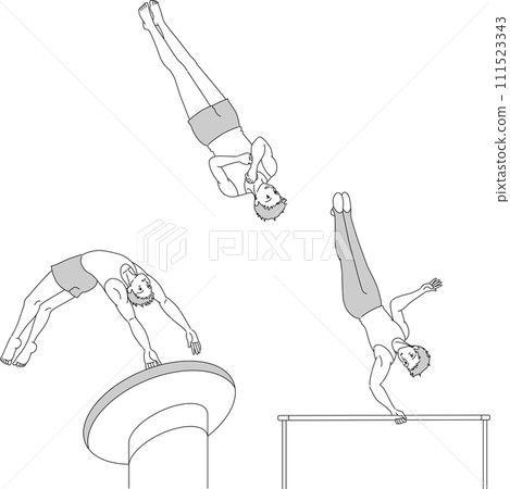 Monochrome line drawing set of male gymnasts Monochrome line drawing set of male gymnasts 111523343