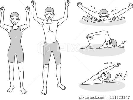 Monochrome line drawing set of competitive swimmers and swimmers Monochrome line drawing set of competitive swimmers and swimmers 111523347