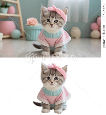 穿著柔和顏色衣服的小貓(有/無背景)| 處理後的 adobe AI 生成圖像以清除版權問題 穿著柔和顏色衣服的小貓(有/無背景)| 處理後的 adobe AI 生成圖像以清除版權問題 111523560