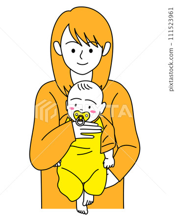 一位母親抱著一個嘴裡含著奶嘴的嬰兒 111523961