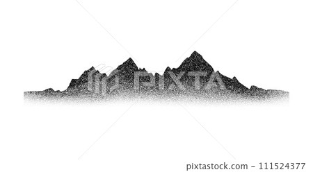 Stippled grain mountain range. Dotted landscape terrain silhouette. Black grainy hill chain. Grunge noise mountain peak background. Dot work texture wallpaper. Vector scenery ridge illustration 111524377