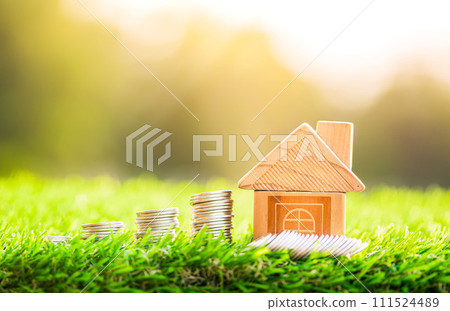 House and coins placed on grass. concept of real estate investment. planning savings money of coins to buy a home concept. concept for property ladder. House and coins placed on grass. concept of real estate investment. planning savings money of coins to buy a home concept. concept for property ladder. 111524489