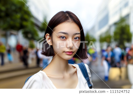 street snapshot image of smiling Asian young woman with light makeup 111524752