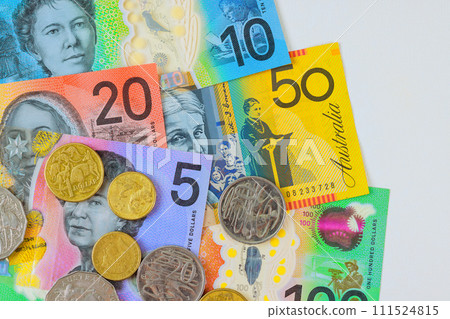 Various Australian currency AUD dollars banknotes of different denominations on white background 111524815