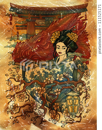 Fantasy engraved illustration with beautiful woman as witch or magician on textured background. Hand drawn colorful graphic art with ethnic concept as poster or card.  111525171
