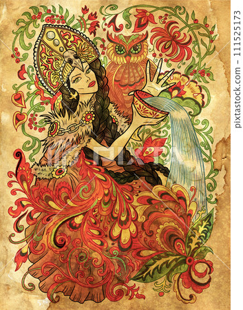 Fantasy engraved illustration with beautiful woman as witch or magician on textured background. Hand drawn colorful graphic art with ethnic concept as poster or card. Fantasy engraved illustration with beautiful woman as witch or magician on textured background. Hand drawn colorful graphic art with ethnic concept as poster or card. 111525173