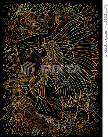 Fantasy engraved illustration with beautiful American indian woman as witch or magician on black textured background. Hand drawn colorful graphic art with ethnic concept as poster or card. Fantasy engraved illustration with beautiful American indian woman as witch or magician on black textured background. Hand drawn colorful graphic art with ethnic concept as poster or card. 111525179