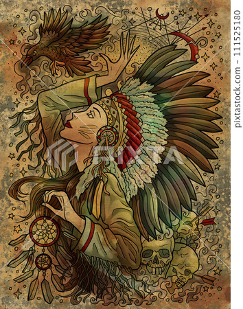 Fantasy engraved illustration with beautiful American indian woman as witch or magician on textured background. Hand drawn colorful graphic art with ethnic concept as poster or card.  111525180