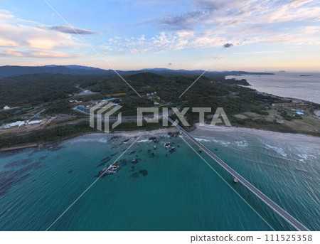 [Aerial photography] Tsunoshima Ohashi Bridge (Yamaguchi Prefecture) <Overhead view facing south> 111525358