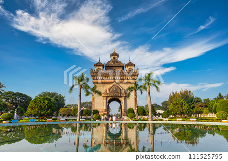 Vientiane Laos, city skyline at Patuxai (Patuxay) and fountain the most famous landmark in Vientiane Vientiane Laos, city skyline at Patuxai (Patuxay) and fountain the most famous landmark in Vientiane 111525795