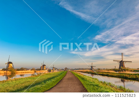 Rotterdam Netherlands, nature landscape of Dutch Windmill at Kinderdijk Village Rotterdam Netherlands, nature landscape of Dutch Windmill at Kinderdijk Village 111525823