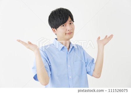 Man with hands up, white background 111526075