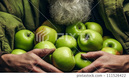 A man holds in his hands a large number of green apples in a bag made of natural fabric. A man holds in his hands a large number of green apples in a bag made of natural fabric. 111526422