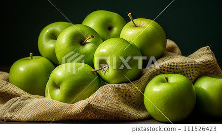 Bag made of natural fabric with green apples. 111526423