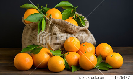 A large number of orange tangerines in a bag made of natural fabric on a plain background. 111526427
