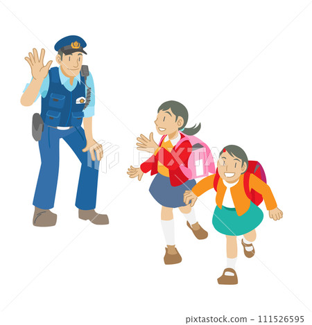 Illustration of a police officer waving to children going to school 111526595