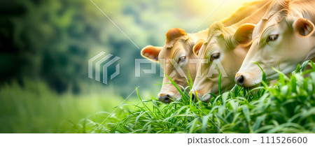 AI-generated content. Banner Beige Brown Swiss Cows Eating Green Fresh Grass In Meadow, Trees on Background. Copy Space. Cow Without Horns, Domestic Animal, Free Range, Pasture Raised. Organic Milk AI 111526600