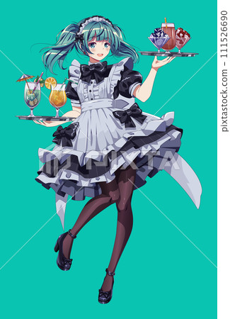 Pretty girl in maid cafe dress with trays color vector character 111526690