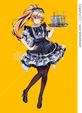 Winking blonde waitress from maid cafe color vector character 111526691