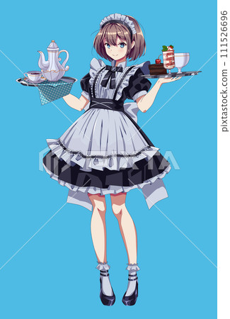 Complaisant girl with trays from maid cafe color vector character 111526696
