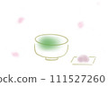 抹茶和日式甜點的插圖，三片舞動的櫻花花瓣 111527260