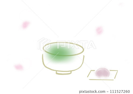 Illustration of matcha and Japanese sweets with three dancing cherry blossom petals 111527260