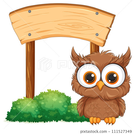 Wise Owl Under Wooden Signboard 111527349