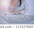 Icon image of a business person thinking in front of a PC 111527660