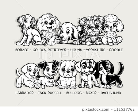 Assorted dog breeds, charming cartoon pets for pet lovers and breed enthusiasts, friendly diverse canine collection. Vector illustration Assorted dog breeds, charming cartoon pets for pet lovers and breed enthusiasts, friendly diverse canine collection. Vector illustration 111527762