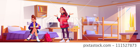Two female students speaking in dormitory bedroom 111527873