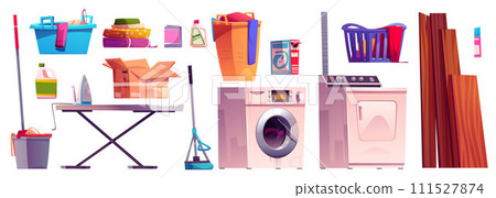Laundry room equipment set isolated on white 111527874