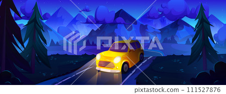 Yellow car driving night road in mountain valley 111527876
