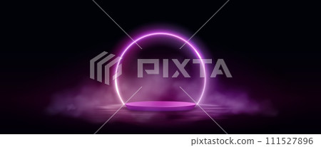 Pink neon circle frame with podium and smoke Pink neon circle frame with podium and smoke 111527896