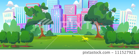 City park with green trees, grass and flowers 111527921