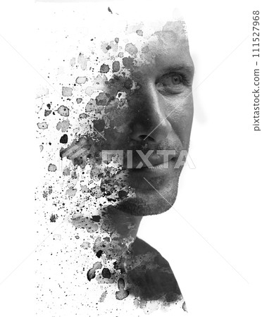 A paintography double exposure male portrait combined with paint splashes 111527968