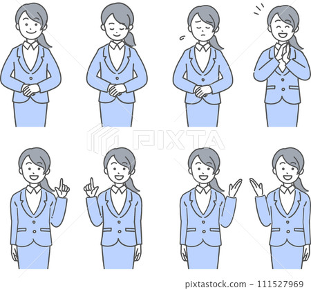 Multiple sets of facial expressions of young women in suits (simple) 111527969