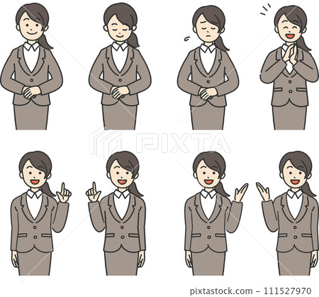 穿著西裝的年輕女子的多組面部表情 111527970