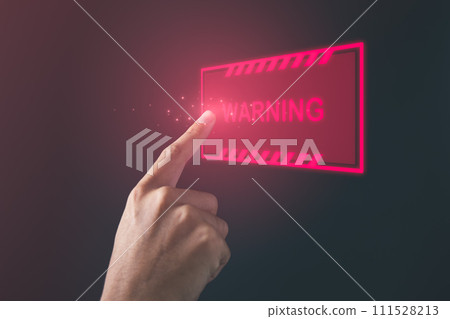 Businessman pointing red warning alert screen. System alert for virus,spam,scam and phishing. Cyber security, data security system concept. Businessman pointing red warning alert screen. System alert for virus,spam,scam and phishing. Cyber security, data security system concept. 111528213