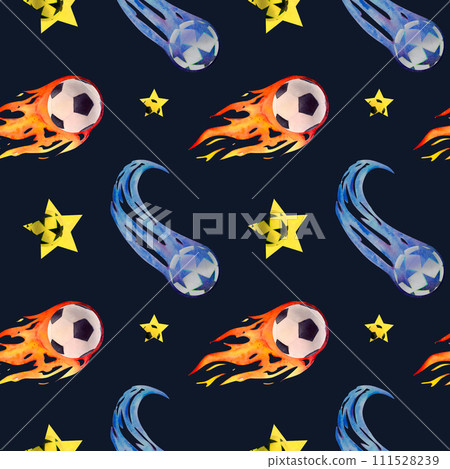 Soccer football comet pattern watercolor drawing. Seamless sports gear. Yellow star pentagon ball tail. Leather black background. Flying rocket kick off. Fire flame stadium international. Play win 111528239