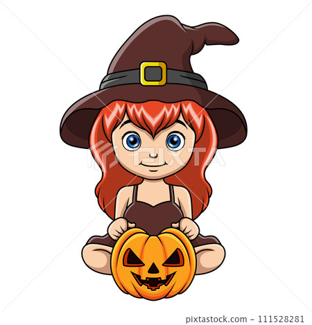 Cute little witch girl cartoon with a pumpkin Cute little witch girl cartoon with a pumpkin 111528281