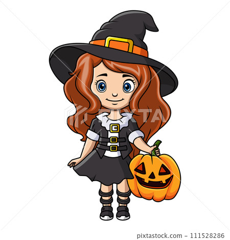 Cute little witch girl cartoon with a pumpkin Cute little witch girl cartoon with a pumpkin 111528286
