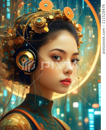 一個美麗的女性機器人的精緻肖像。 一個美麗的女性機器人的精緻肖像。 111528476
