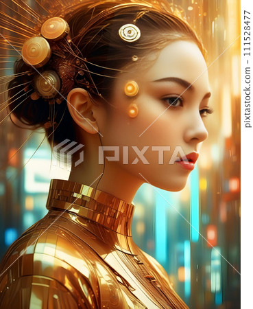 A delicately detailed portrait of a beautiful female android. A delicately detailed portrait of a beautiful female android. 111528477