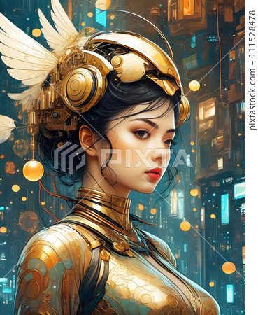 A delicately detailed portrait of a beautiful female android. A delicately detailed portrait of a beautiful female android. 111528478
