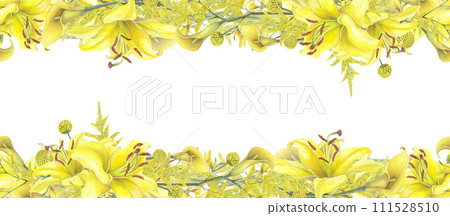 Lilies Yellow flower, calla lilies, craspedia seamless border isolated on white background. Watercolor hand drawn botanic illustration. Art design wedding invitation, greeting card, decoration graphic Lilies Yellow flower, calla lilies, craspedia seamless border isolated on white background. Watercolor hand drawn botanic illustration. Art design wedding invitation, greeting card, decoration graphic 111528510
