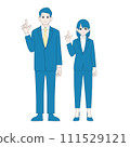 Working men and women in suits pointing and explaining, full body illustration, color 111529121