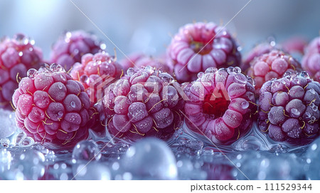 AI-generated content. Frozen raspberry. Close up. 111529344