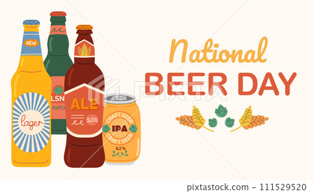 Banner for National Beer Day. Beer day celebration template. Background with various beer bottles. Holiday concept. 111529520