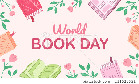 Banner for world book day celebration. Horizontal background with books for literary events in libraries, bookstores. 111529521
